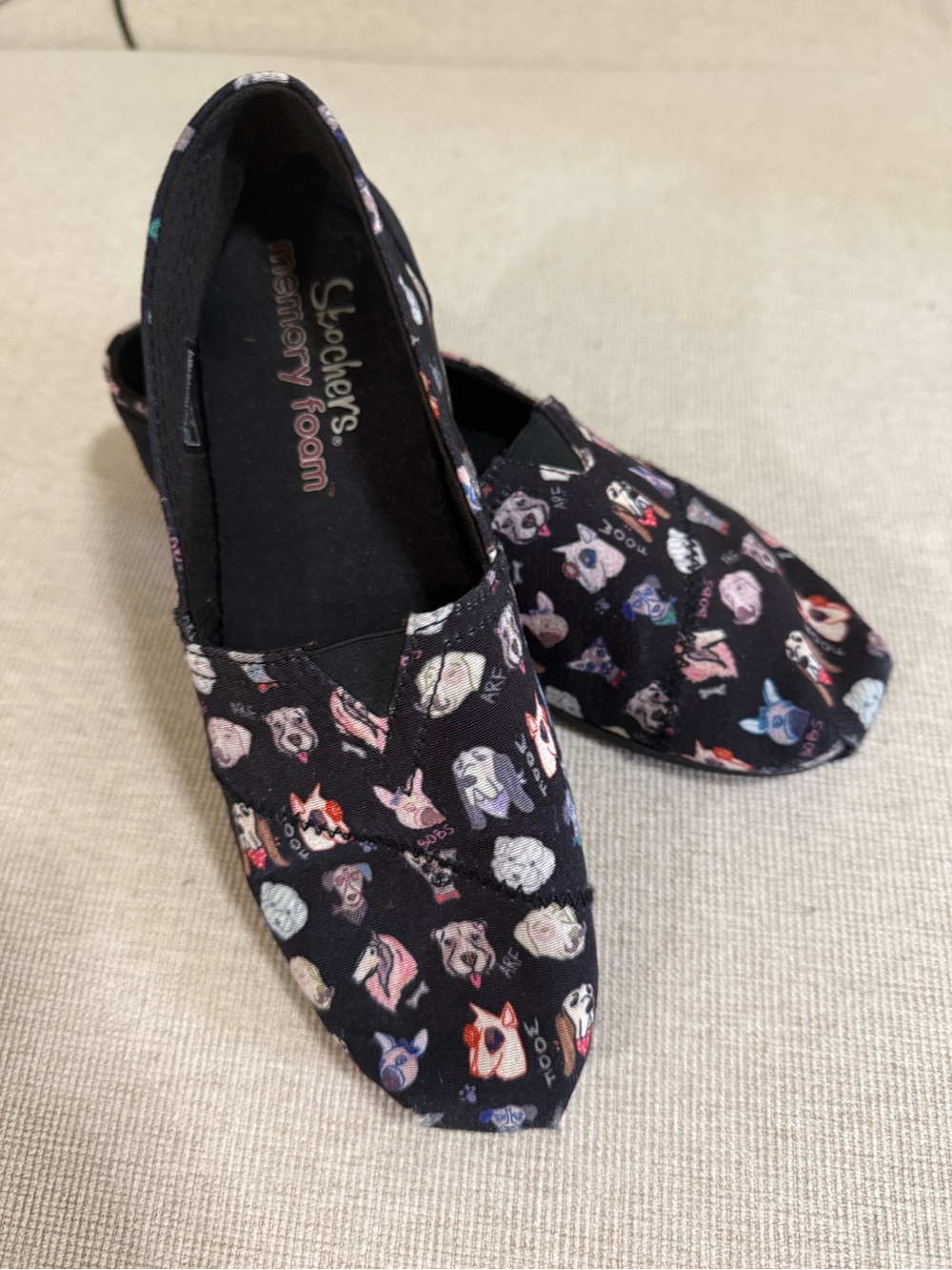 Skechers Black Slip-On Flats with Colorful Dog Pattern
